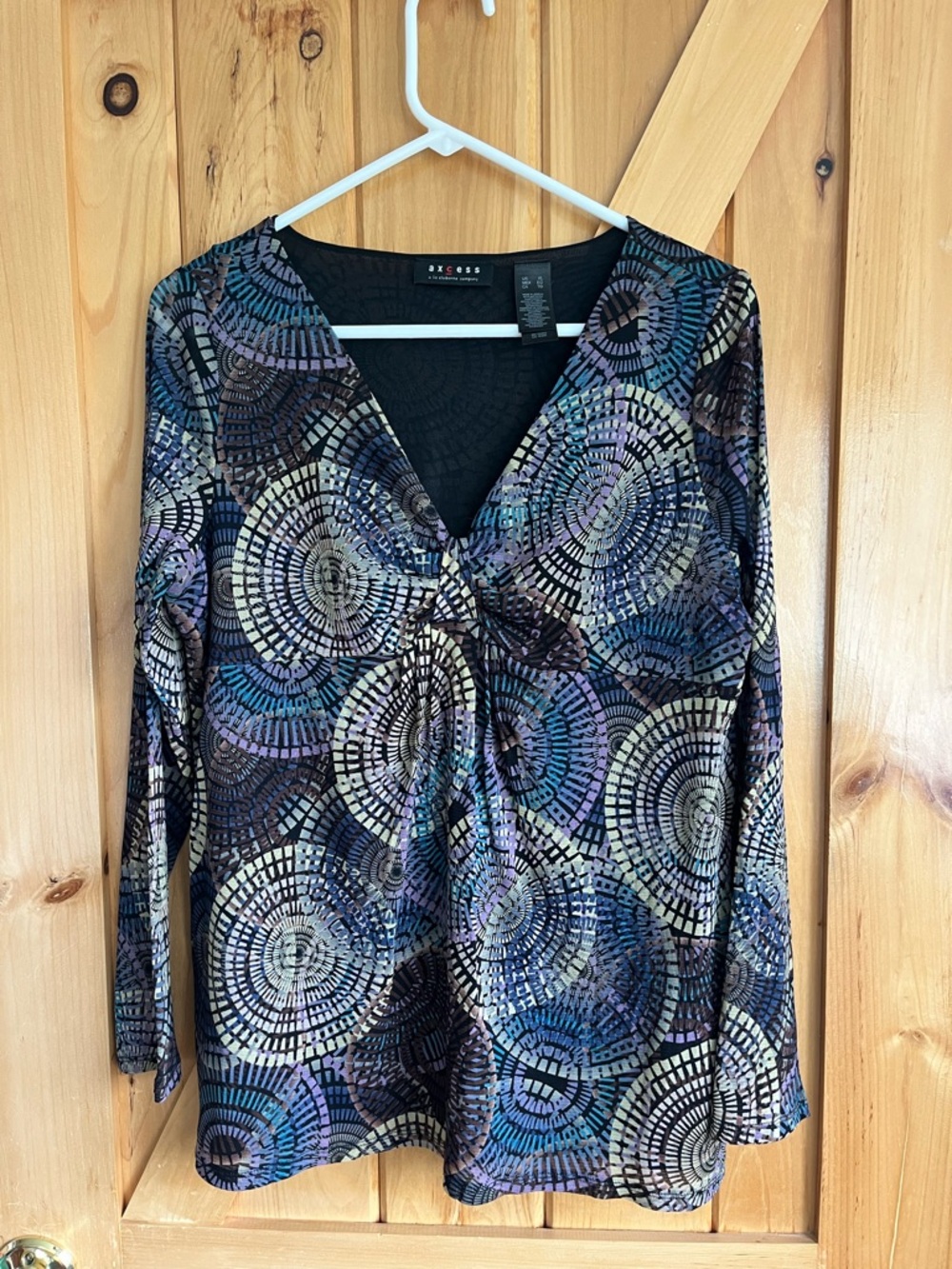 Claiborne Multicolor Spiral-Print Long Sleeve V-Neck Top